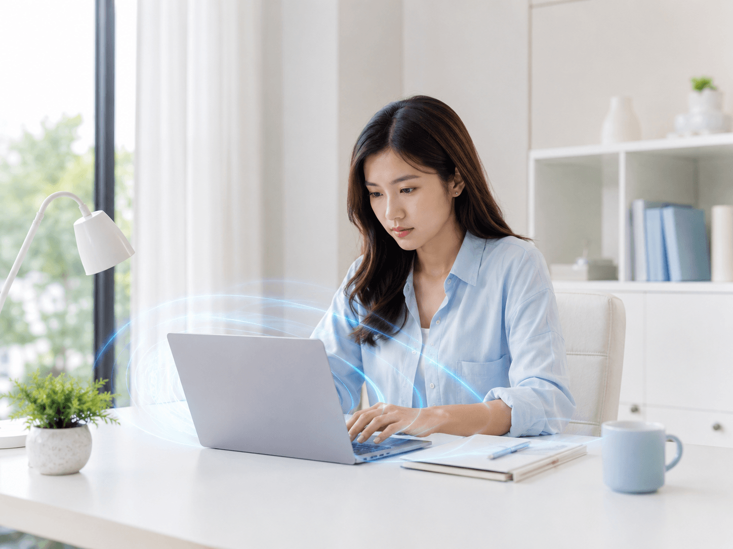 Cô gái làm việc với laptop tại bàn trong nhiều giờ